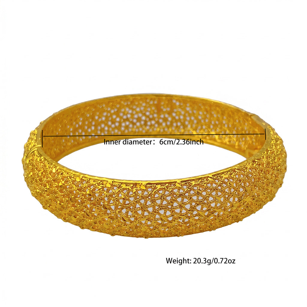 Dense Mesh Full Hollow Wide Bangle, 24K Real Gold Plated Copper Bracelet, Vintage Middle Eastern Luxury Style, Wedding Banquet Formal Gift Jewelry