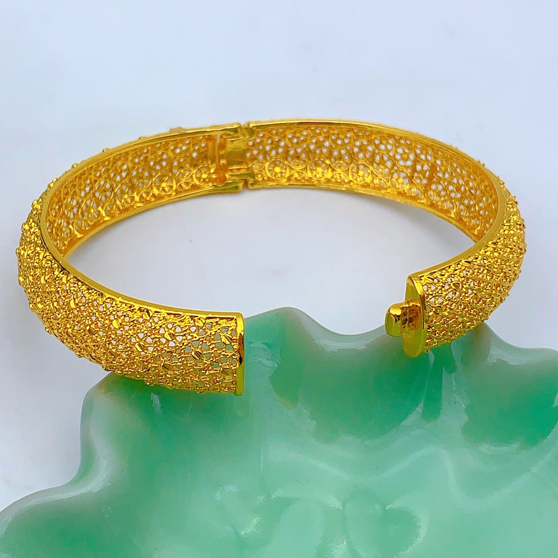 Dense Mesh Full Hollow Wide Bangle, 24K Real Gold Plated Copper Bracelet, Vintage Middle Eastern Luxury Style, Wedding Banquet Formal Gift Jewelry