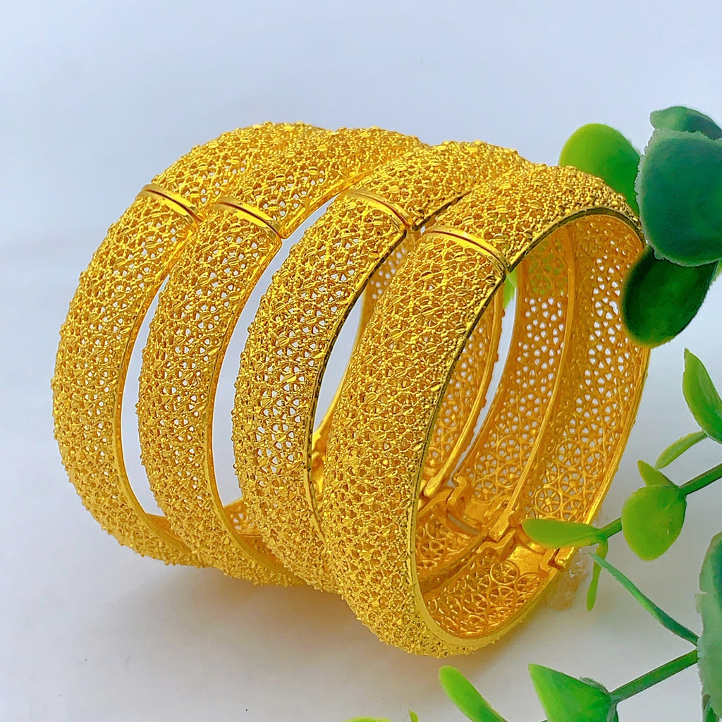 Dense Mesh Full Hollow Wide Bangle, 24K Real Gold Plated Copper Bracelet, Vintage Middle Eastern Luxury Style, Wedding Banquet Formal Gift Jewelry