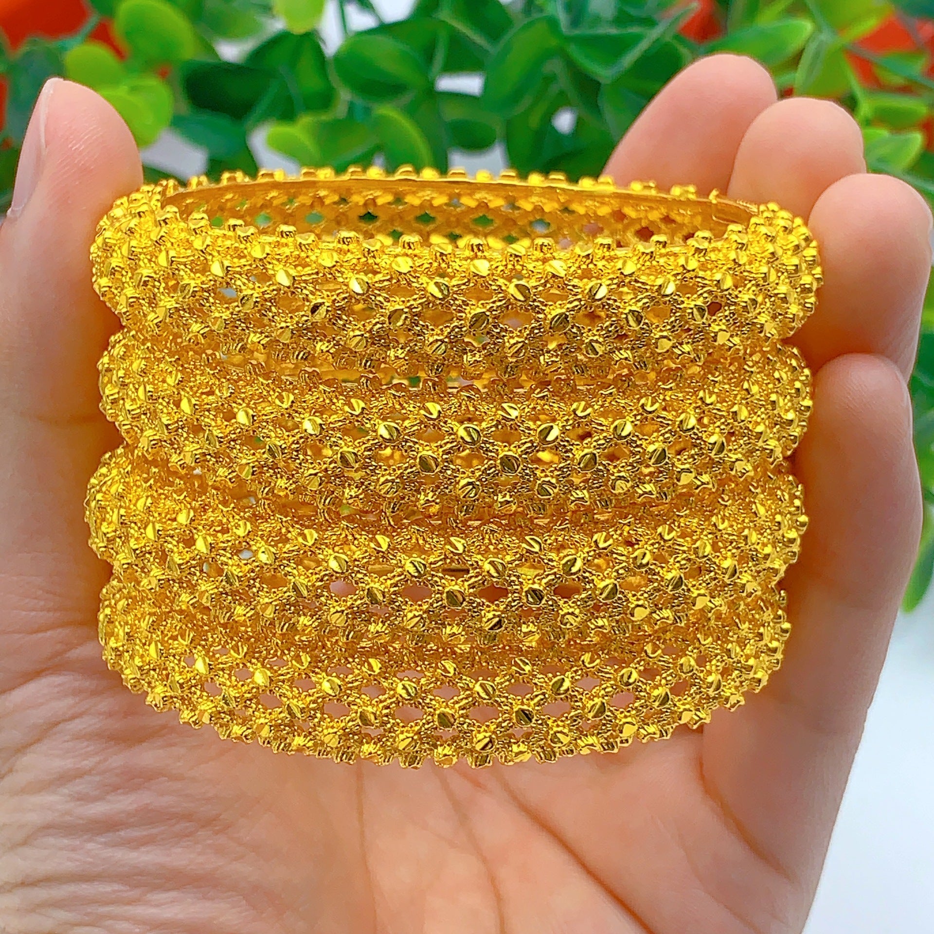 Double Layer Rhombus Dot Hollow Wide Bangle, 24K Real Gold Plated Copper Bracelet, Heavy Middle Eastern Palace Luxury Style, Wedding Banquet Formal Gift Jewelry