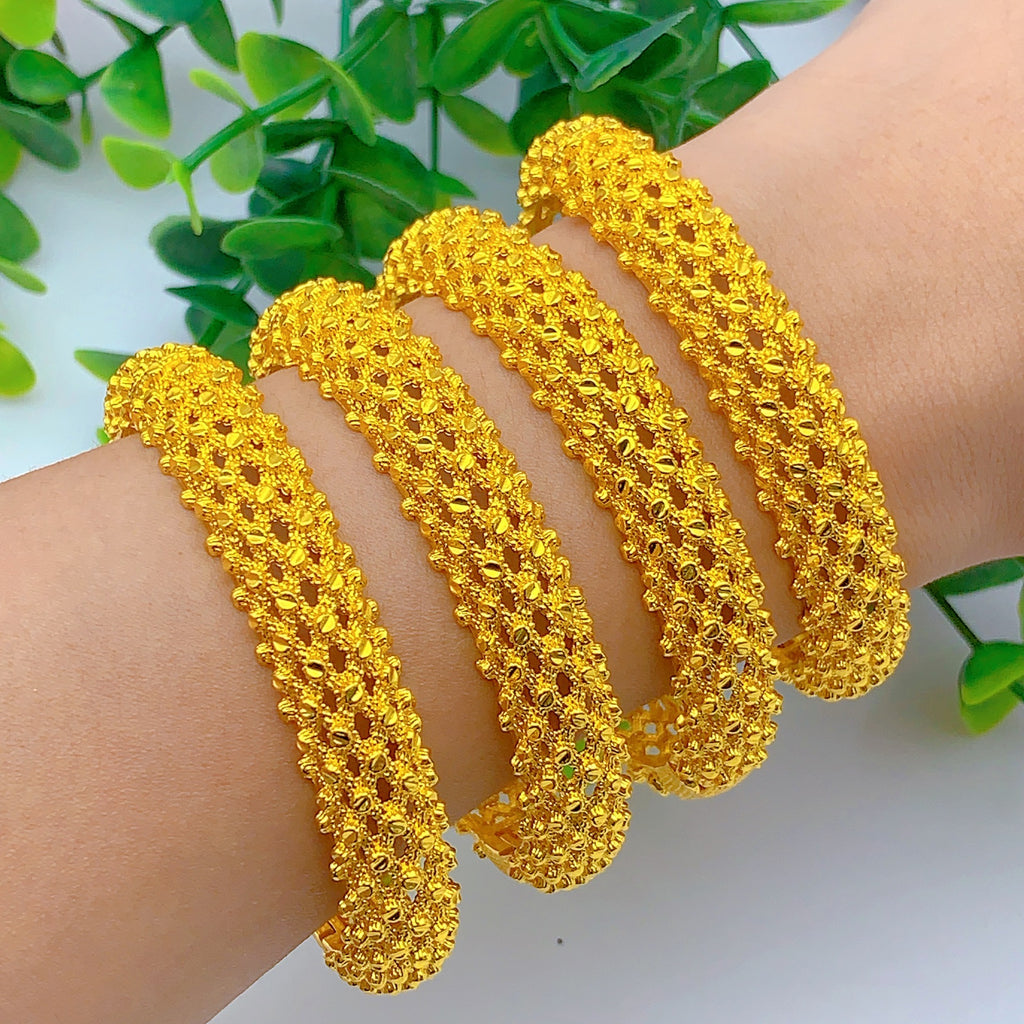 Double Layer Rhombus Dot Hollow Wide Bangle, 24K Real Gold Plated Copper Bracelet, Heavy Middle Eastern Palace Luxury Style, Wedding Banquet Formal Gift Jewelry