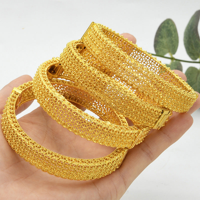 Multi-Layer Mesh Filigree Hollow Clasp Bangle, 24K Real Gold Plated Copper Bracelet, Middle Eastern Retro Luxury Style, Wedding Banquet Daily Gift Jewelry