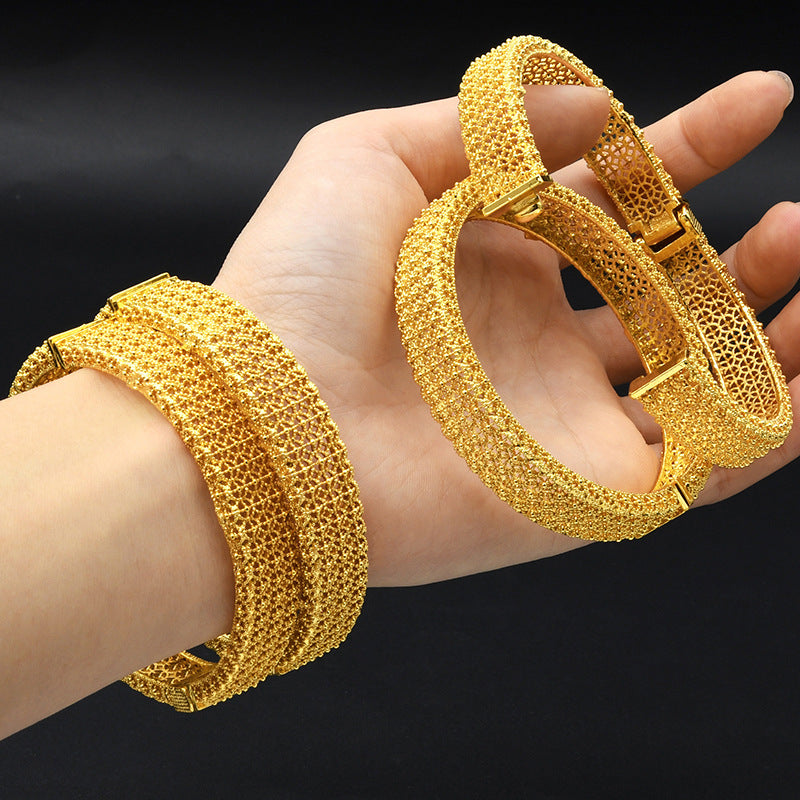 Multi-Layer Mesh Filigree Hollow Clasp Bangle, 24K Real Gold Plated Copper Bracelet, Middle Eastern Retro Luxury Style, Wedding Banquet Daily Gift Jewelry