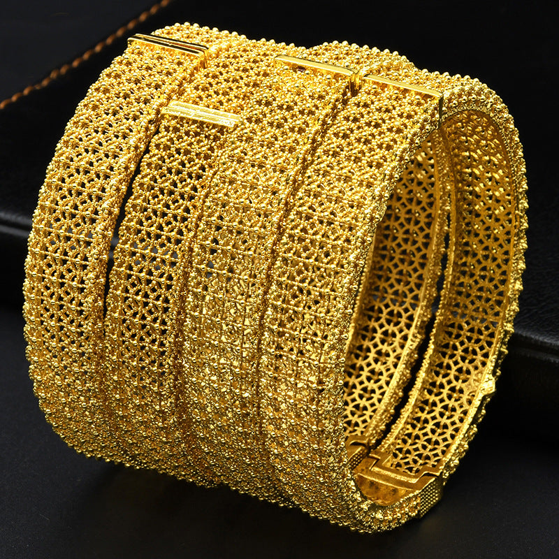 Multi-Layer Mesh Filigree Hollow Clasp Bangle, 24K Real Gold Plated Copper Bracelet, Middle Eastern Retro Luxury Style, Wedding Banquet Daily Gift Jewelry