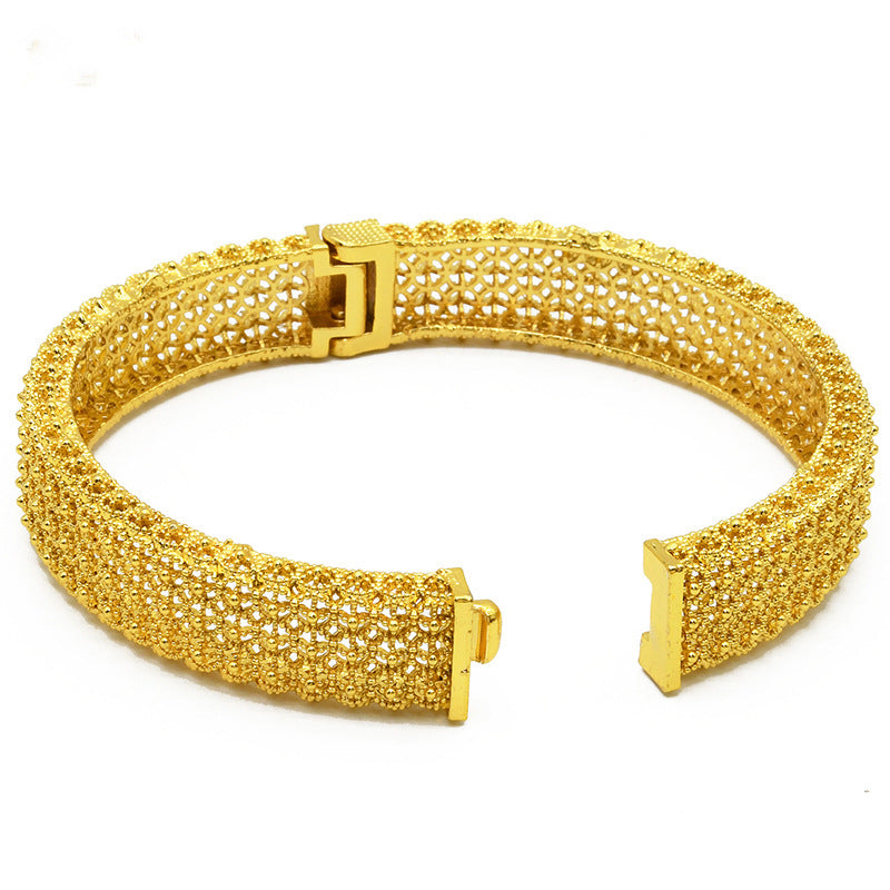 Multi-Layer Mesh Filigree Hollow Clasp Bangle, 24K Real Gold Plated Copper Bracelet, Middle Eastern Retro Luxury Style, Wedding Banquet Daily Gift Jewelry