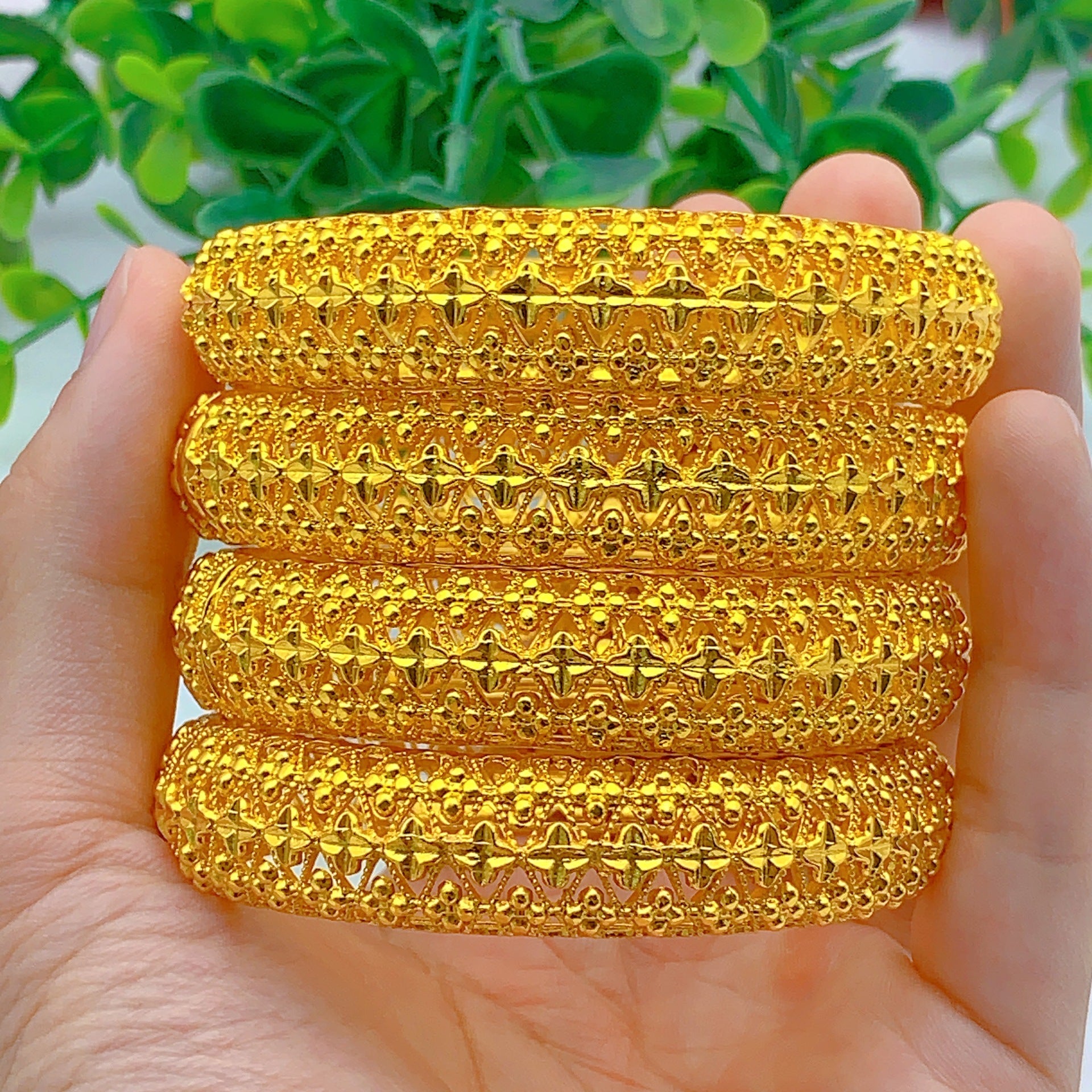 Double Layer Heart & Bead Floral Hollow Filigree Bangle, 24K Real Gold Plated Copper Bracelet, Vintage Middle Eastern Palace Luxury Style, Wedding Banquet Formal Gift Jewelry