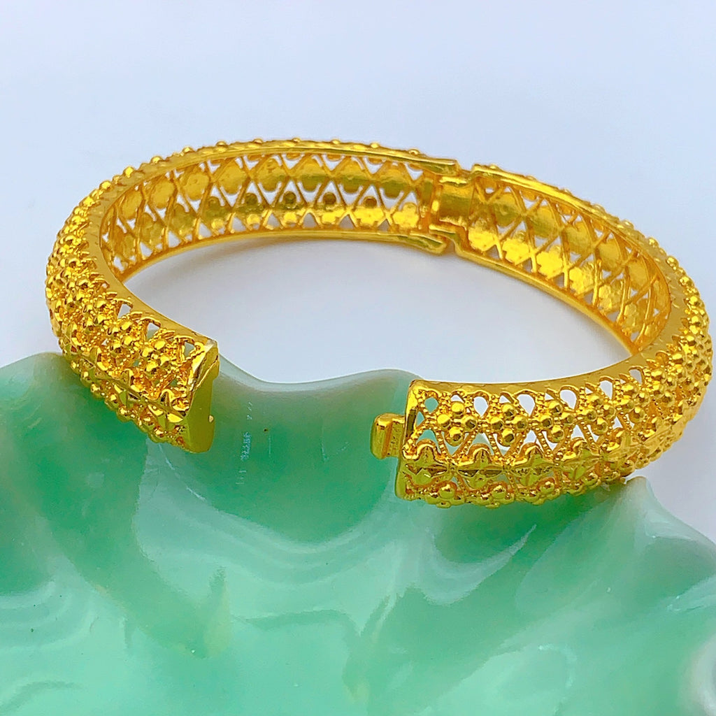 Double Layer Heart & Bead Floral Hollow Filigree Bangle, 24K Real Gold Plated Copper Bracelet, Vintage Middle Eastern Palace Luxury Style, Wedding Banquet Formal Gift Jewelry