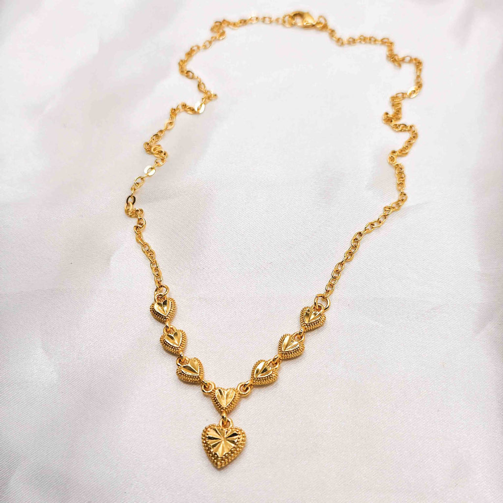 Gradient 3D Diamond-Cut Heart Drop Chain Design, 18K Real Gold Plated Copper Necklace, French Retro Gentle Luxury Style, Daily Dating Gift Commute Jewelry