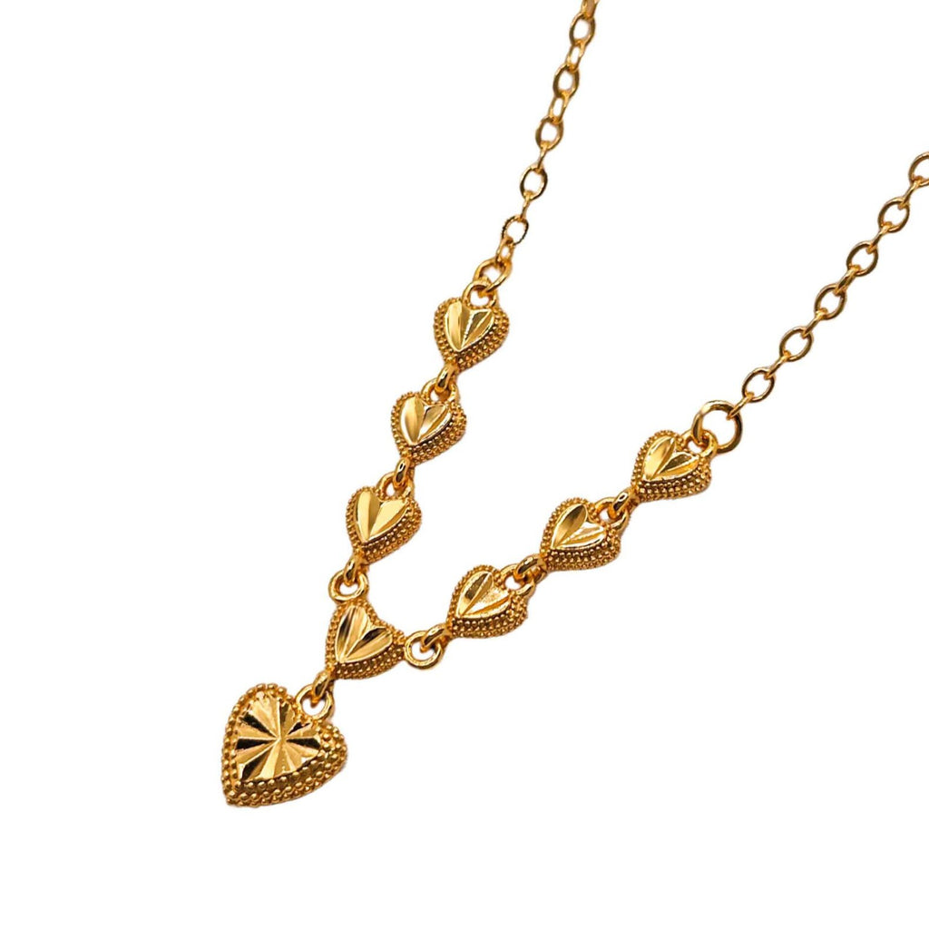 Gradient 3D Diamond-Cut Heart Drop Chain Design, 18K Real Gold Plated Copper Necklace, French Retro Gentle Luxury Style, Daily Dating Gift Commute Jewelry