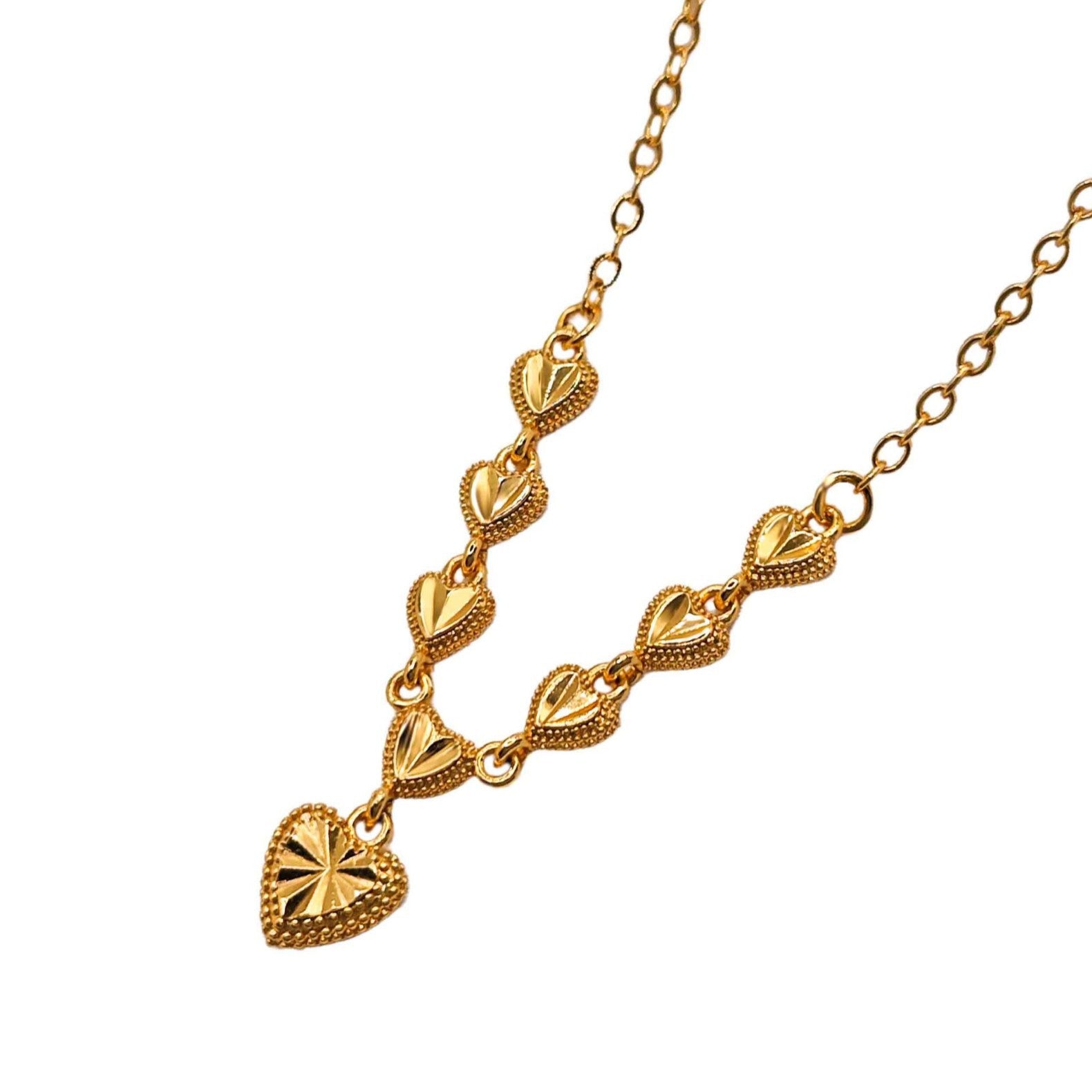 Gradient 3D Diamond-Cut Heart Drop Chain Design, 18K Real Gold Plated Copper Necklace, French Retro Gentle Luxury Style, Daily Dating Gift Commute Jewelry