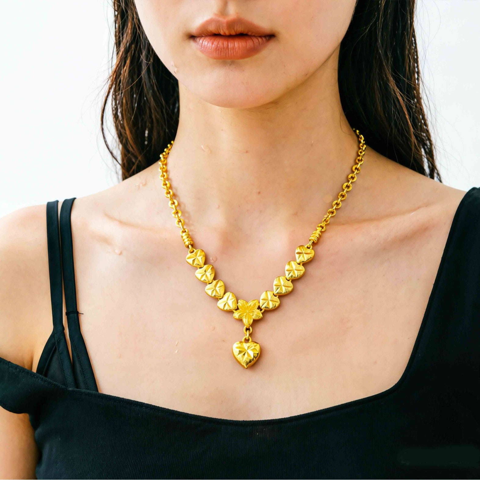 Symmetrical Diamond-Cut Heart & Flower Drop Clavicle Chain Design, 18K Real Gold Plated Copper, Vintage Gentle Middle Eastern Luxury Style, Wedding Date Banquet Gift Necklace