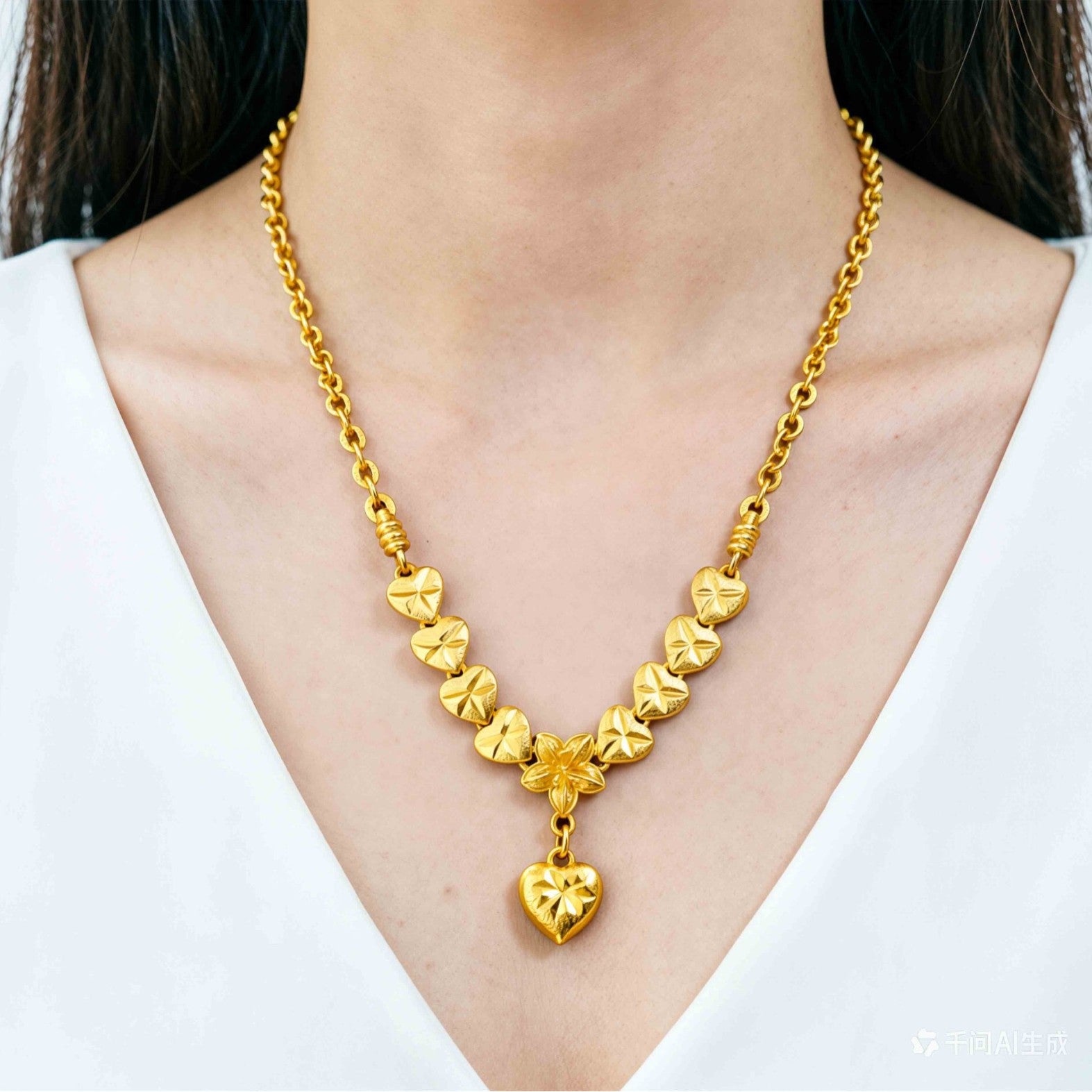 Symmetrical Diamond-Cut Heart & Flower Drop Clavicle Chain Design, 18K Real Gold Plated Copper, Vintage Gentle Middle Eastern Luxury Style, Wedding Date Banquet Gift Necklace