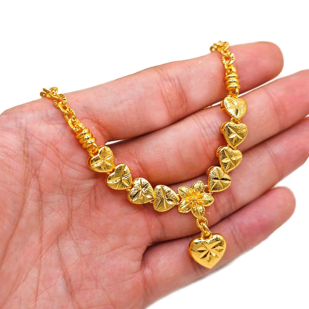 Symmetrical Diamond-Cut Heart & Flower Drop Clavicle Chain Design, 18K Real Gold Plated Copper, Vintage Gentle Middle Eastern Luxury Style, Wedding Date Banquet Gift Necklace