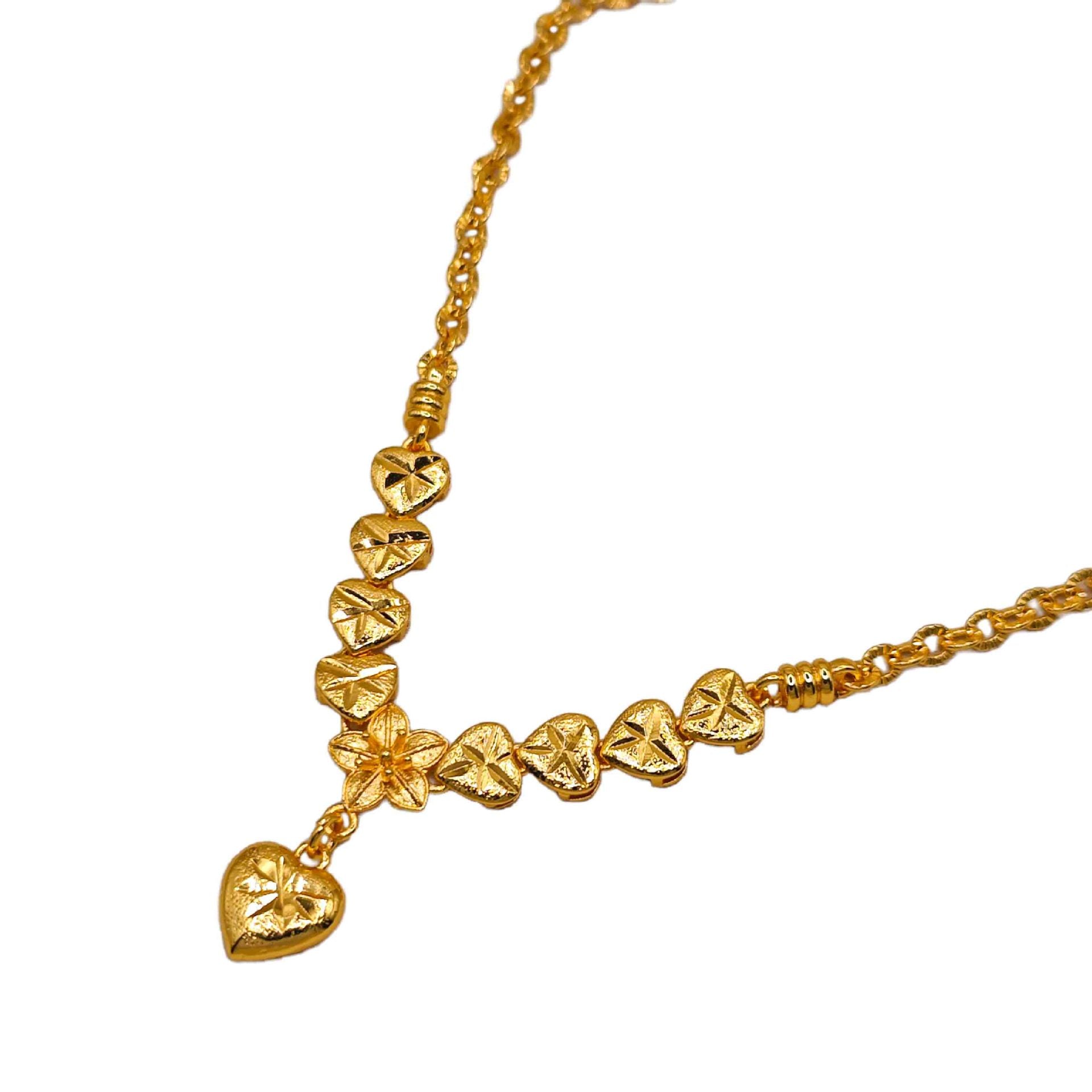 Symmetrical Diamond-Cut Heart & Flower Drop Clavicle Chain Design, 18K Real Gold Plated Copper, Vintage Gentle Middle Eastern Luxury Style, Wedding Date Banquet Gift Necklace