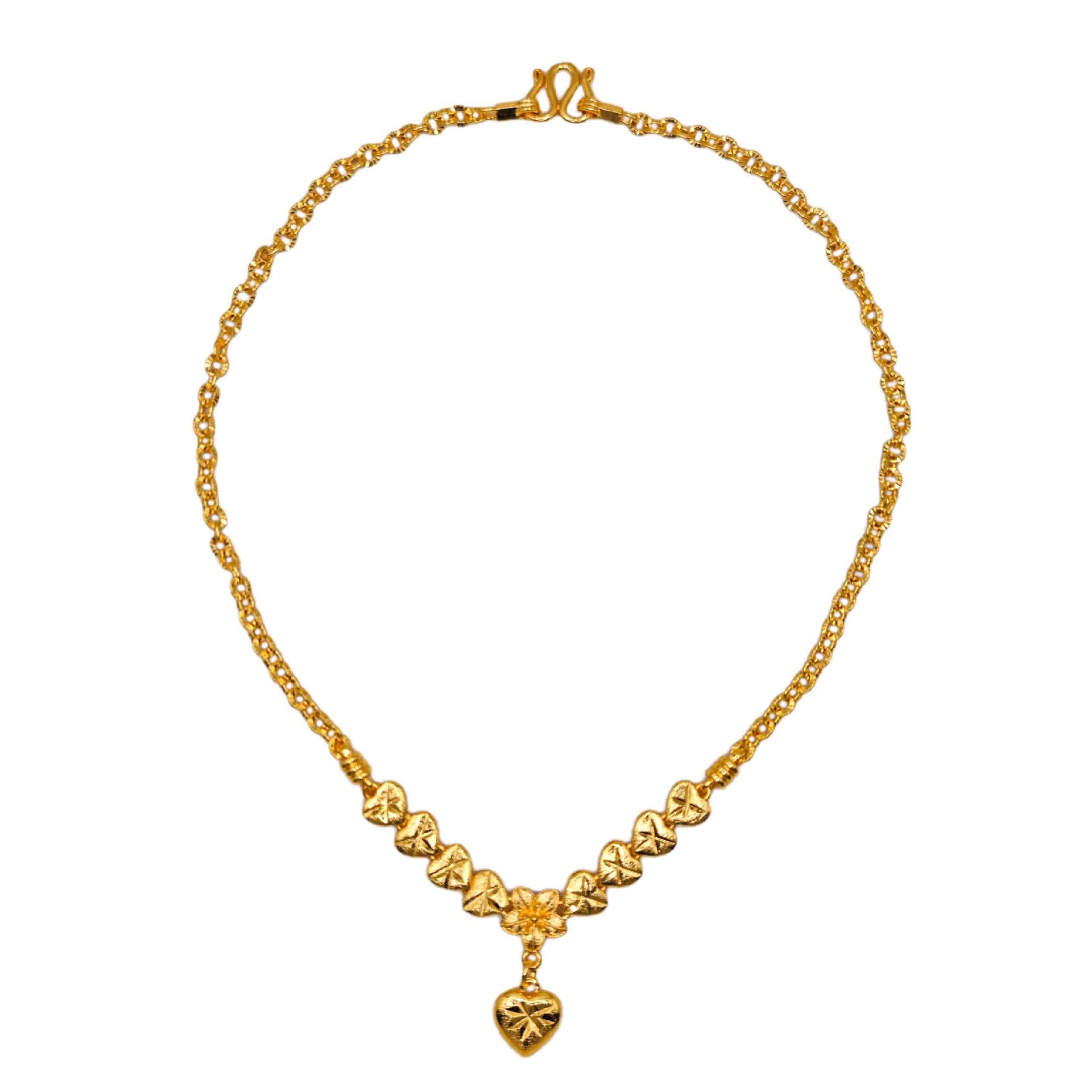 Symmetrical Diamond-Cut Heart & Flower Drop Clavicle Chain Design, 18K Real Gold Plated Copper, Vintage Gentle Middle Eastern Luxury Style, Wedding Date Banquet Gift Necklace