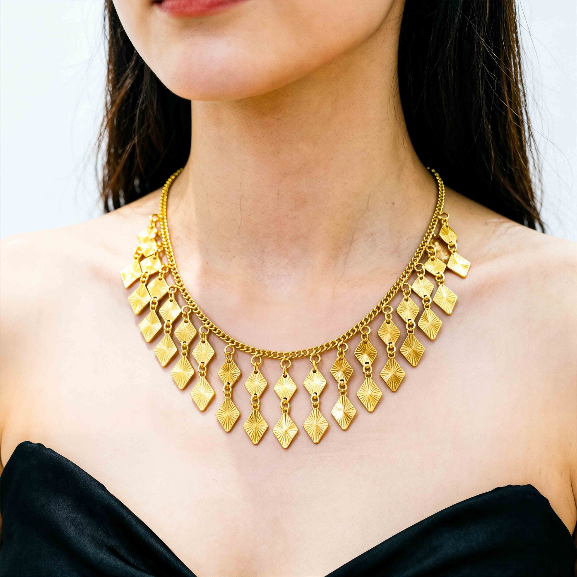 Gradient Diamond Cut Tassel Choker Necklace, 18K Real Gold Plated Copper, Bohemian Retro Luxury Style, Banquet Wedding Gift Formal Jewelry