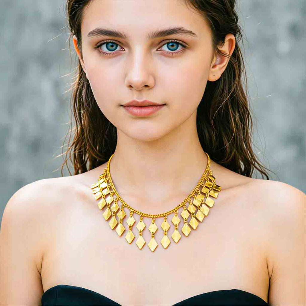 Gradient Diamond Cut Tassel Choker Necklace, 18K Real Gold Plated Copper, Bohemian Retro Luxury Style, Banquet Wedding Gift Formal Jewelry