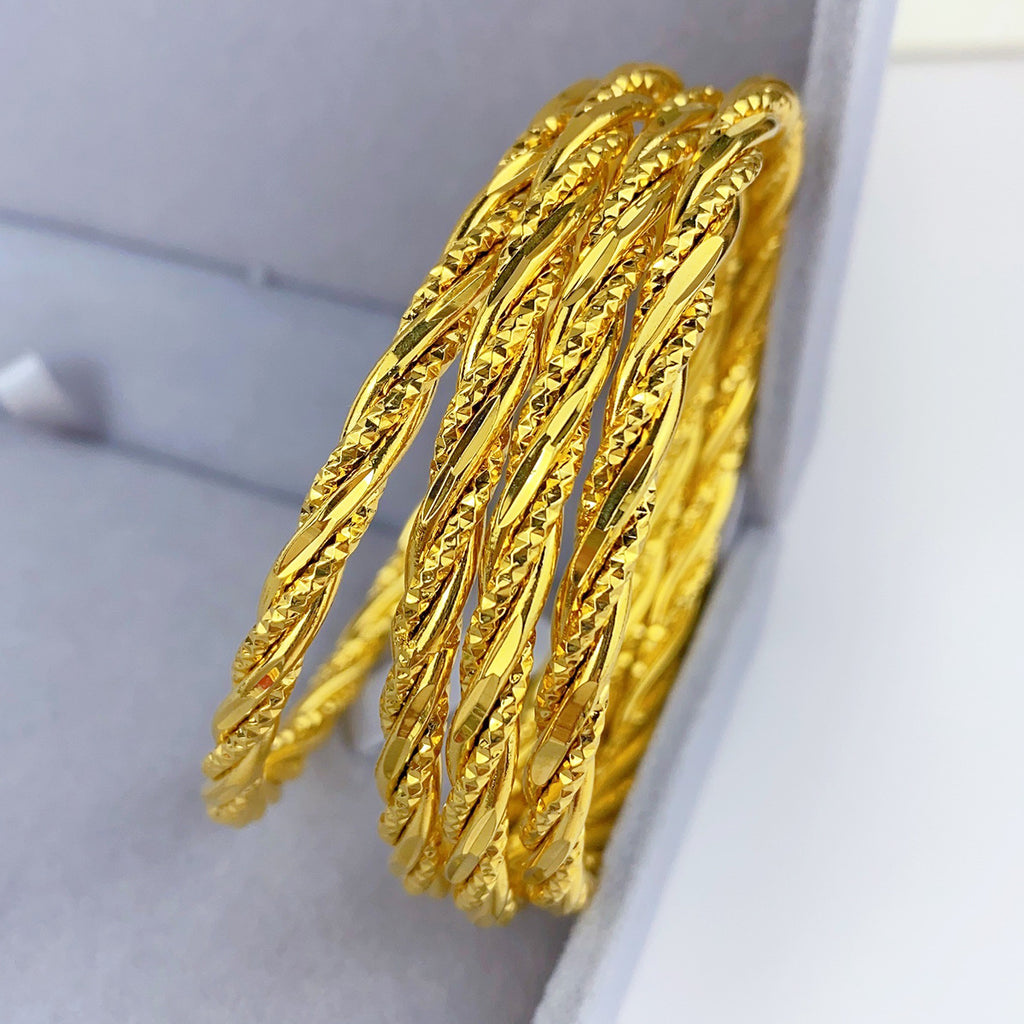 Twisted Braided Craft 24K Real Gold Plated Copper Bangle, Retro Luxury Chinese Style, Daily Wear Wedding Gift Jewelry