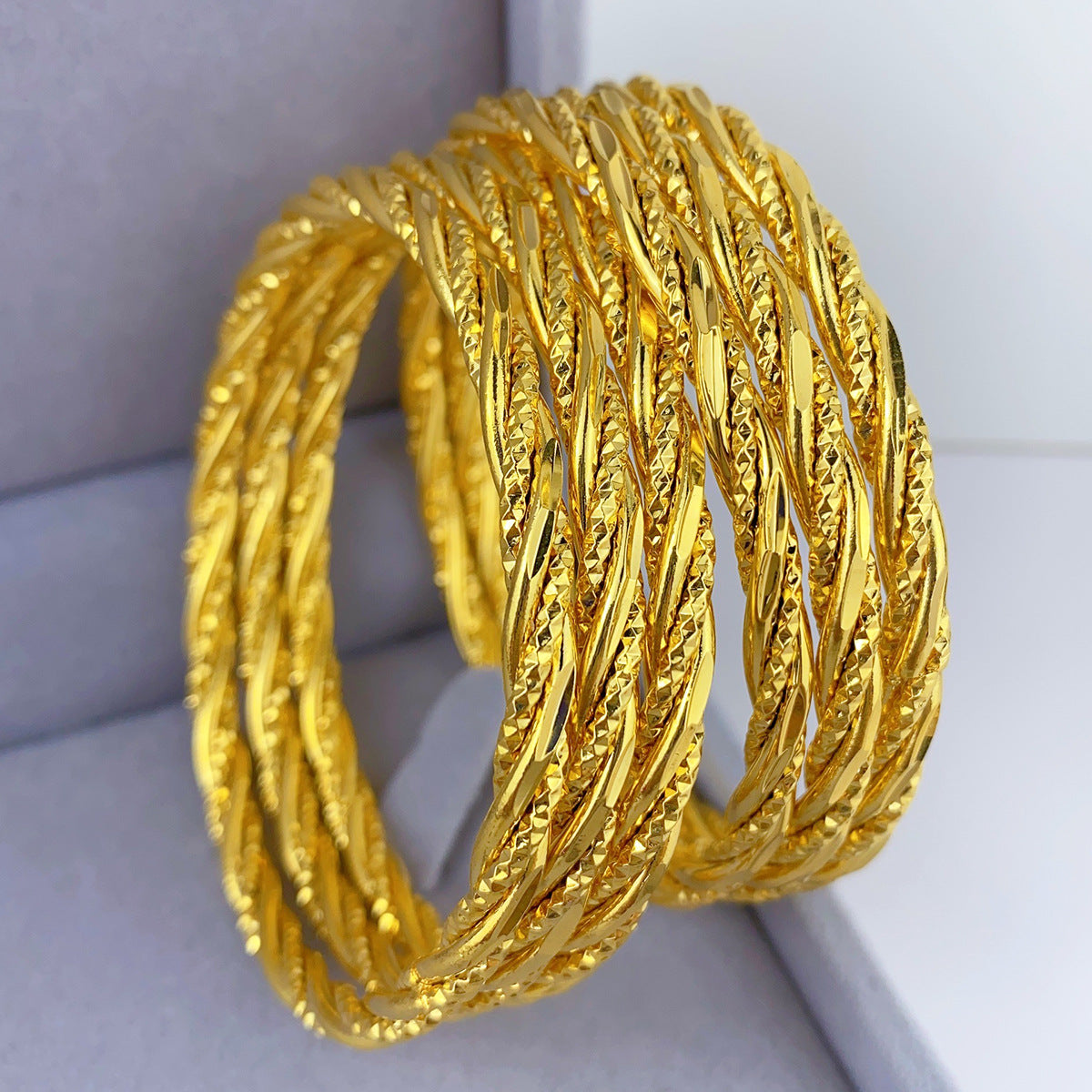 Twisted Braided Craft 24K Real Gold Plated Copper Bangle, Retro Luxury Chinese Style, Daily Wear Wedding Gift Jewelry