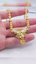 Vintage Filigree Four-Leaf Flower Heart Drop Carved Chain Design, 18K Real Gold Plated Copper Necklace, Heavy Middle Eastern Palace Luxury Style, Wedding Banquet Daily Gift Clavicle Chain