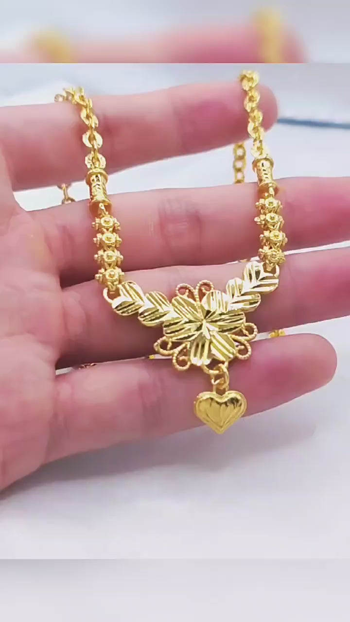 Vintage Filigree Four-Leaf Flower Heart Drop Carved Chain Design, 18K Real Gold Plated Copper Necklace, Heavy Middle Eastern Palace Luxury Style, Wedding Banquet Daily Gift Clavicle Chain