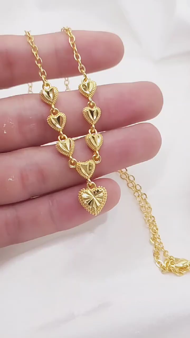 Gradient 3D Diamond-Cut Heart Drop Chain Design, 18K Real Gold Plated Copper Necklace, French Retro Gentle Luxury Style, Daily Dating Gift Commute Jewelry